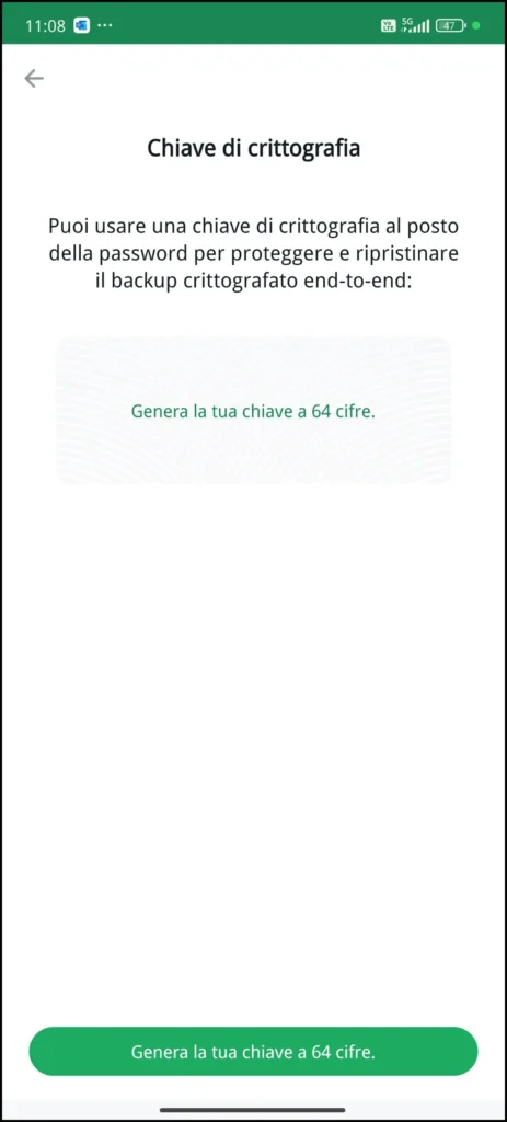 Backup crittografato end-to-end - Genera chiave di crittografia - WhatsApp Android