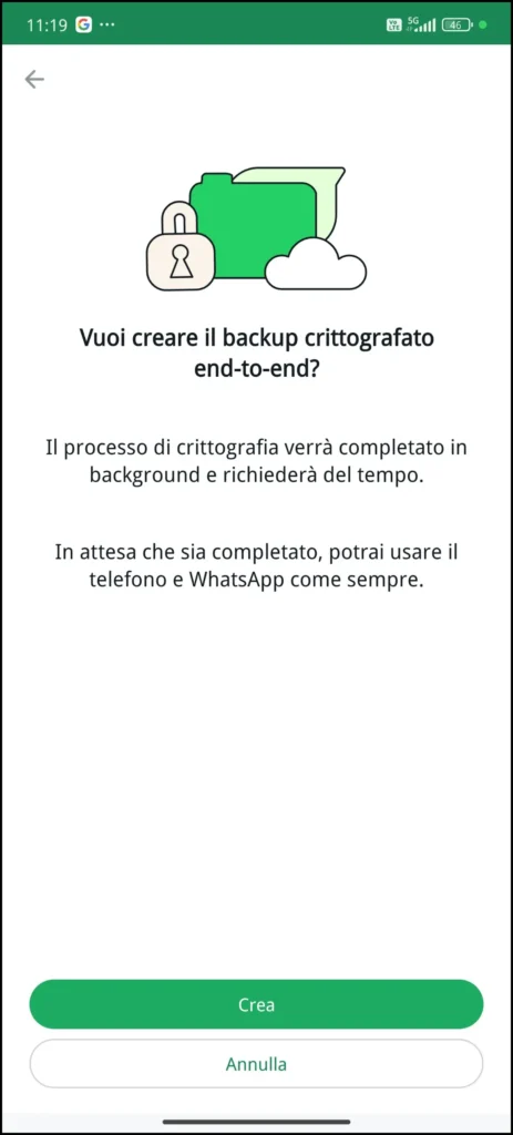 Crea backup crittografato end-to-end - WhatsApp Android