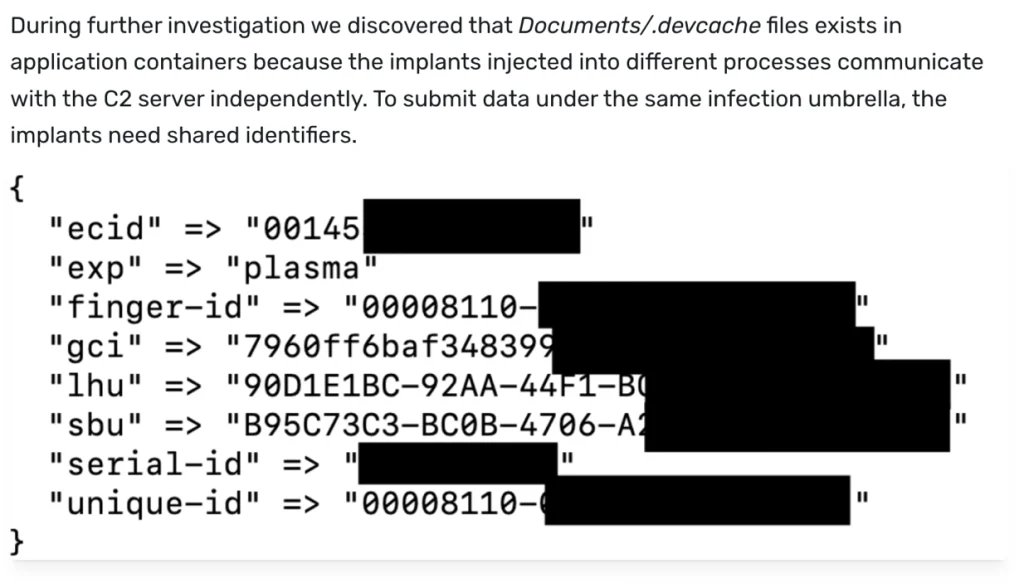 Estratto iVerify sul file Documents/.devcache di Coruna: chiavi come ecid, serial-id e unique-id, valori in gran parte oscurati