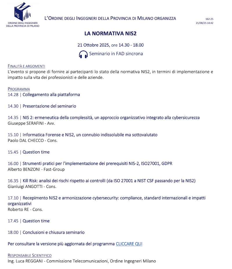 NIS2 e Informatica Forense per Ordine Ingegneri Provincia di Milano